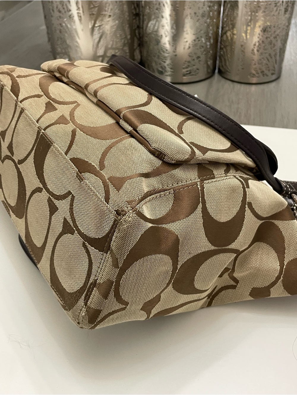 Coach Signature Turnlock Canvas Tote Bag Brown Leather Trim - Picture 8 of 10